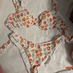 Two-Piece Swim Set in White with Orange Shell Print